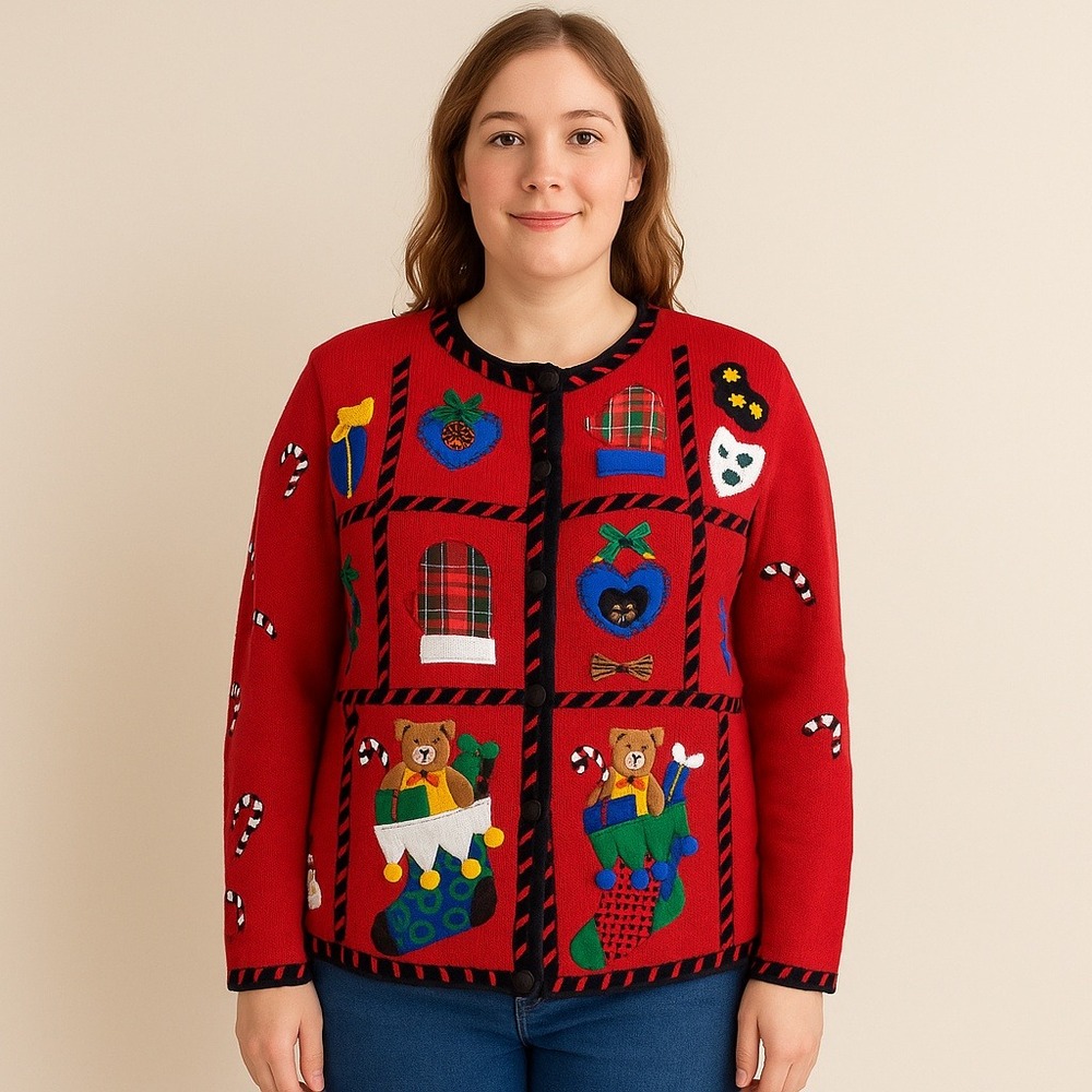Vintage 90s Designers Originals Christmas Sweater‎ L Red Bears Mittens Stockings